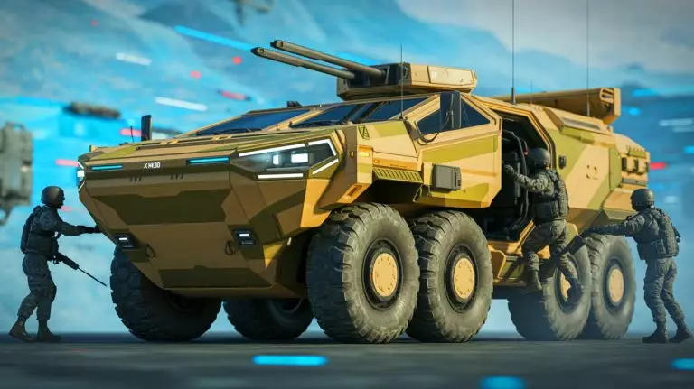 Illustration de la conception virtuelle du véhicule de combat XM30 par l'armée américaine. Image réalisée par IA.