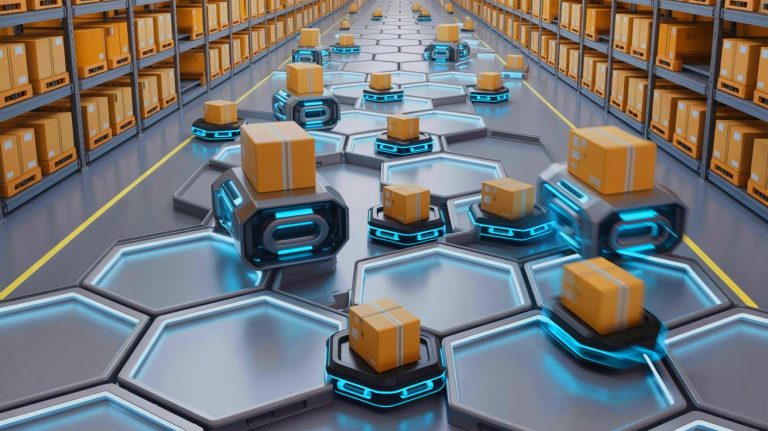 Illustration de cellules hexagonales avec roues omnidirectionnelles pour optimiser la logistique (création par IA, non réaliste). Crédit : Ideogram