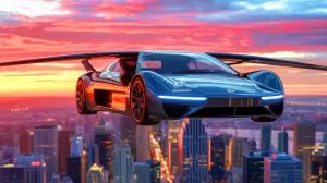 Illustration de l'AirCar, première voiture volante de série, sur le point de décoller. Image réalisée par IA.