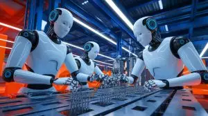 Illustration de robots humanoïdes Walker S1 en action dans une usine connectée en 5G (création par IA, illustration non réaliste). Crédit : Ideogram.