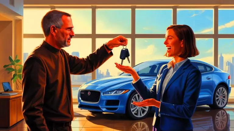 « Tiens, ne sois plus jamais en retard » : quand Steve Jobs a offert une Jaguar neuve à sa secrétaire après un simple incident de voiture Illustration de Steve Jobs offrant une Jaguar neuve à sa secrétaire pour résoudre un problème de ponctualité (création par IA, non réaliste). Crédit : Ideogram
