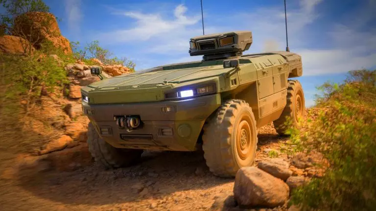 Illustration de l'UGV HORNET autonome opérant sur le terrain militaire. Image réalisée par IA.