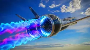 Illustration de moteur à plasma propulsant un avion sans combustibles fossiles (création par IA, non réaliste). Crédit : Ideogram