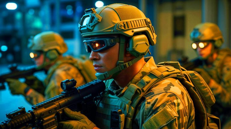 Illustration de Marines américains utilisant des lunettes de vision nocturne avancées. Image réalisée par IA.