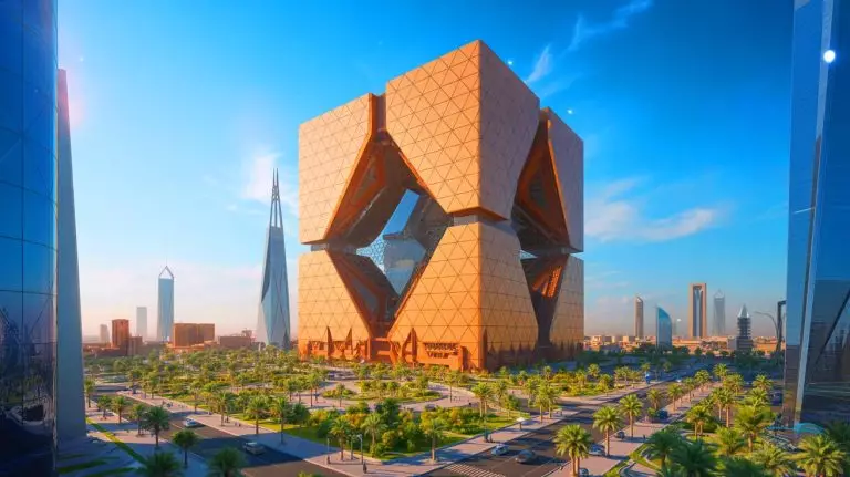 Illustration de l'ambitieux projet architectural du Mukaab à Riyad, futur plus grand bâtiment du monde. Image réalisée par IA.