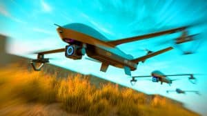Illustration de l'interception d'un drone par le système BLAZE en plein vol (création par IA, non réaliste).