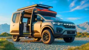 Illustration de camping-car Dacia imaginé pour l'aventure. Image réalisée par IA.
