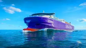 Illustration du navire électrique China Zorrilla en pleine mer (création par IA, illustration non réaliste). Crédit : Ideogram.