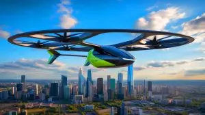 Illustration de l'innovation technologique du Cavorite X7, premier eVTOL à transition de vol stable. Image réalisée par IA.