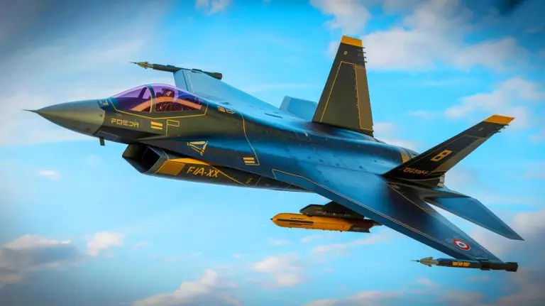 Illustration de l'avion de chasse F/A-XX avec ses avancées technologiques en furtivité et intelligence artificielle. Image réalisée par IA.