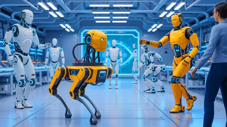 Illustration de robots exécutant des mouvements à partir de commandes textuelles. Image réalisée par IA.