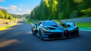 Illustration de la Bugatti Bolide sur le circuit du Nürburgring (création par IA, non réaliste). Crédit : Ideogram