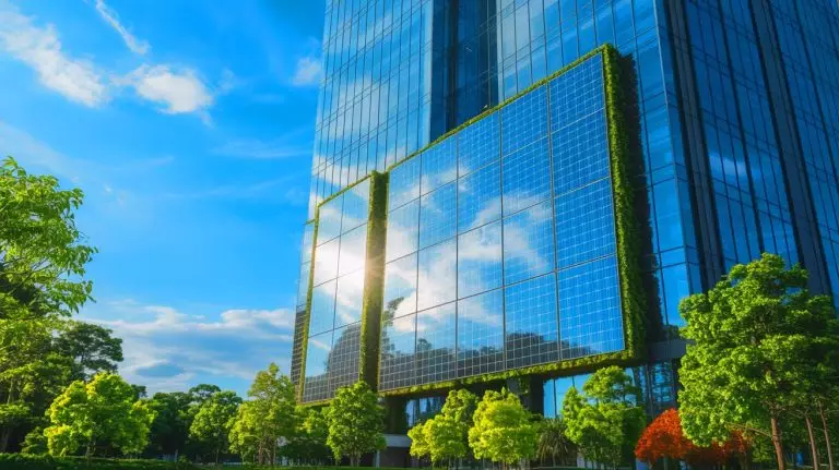 Illustration de l'intégration de cellules solaires transparentes dans les fenêtres des bâtiments. Image réalisée par IA.