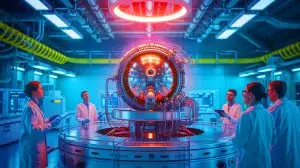 Illustration de la percée canadienne en fusion nucléaire avec la machine Lawson Machine 26 (création par IA, non réaliste). Crédit : Ideogram