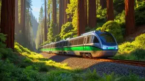 Illustration de véhicules hybrides et autonomes sur le parcours historique du Skunk Train en Californie (création par IA, non réaliste). Crédit : Ideogram