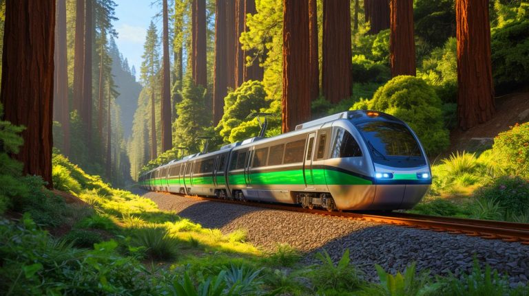 Illustration de véhicules hybrides et autonomes sur le parcours historique du Skunk Train en Californie (création par IA, non réaliste). Crédit : Ideogram