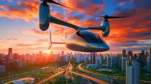 Illustration de l'aéronef S4 de Joby Aviation en vol avec son système de rotors basculants (création par IA, illustration non réaliste). Crédit : Ideogram.