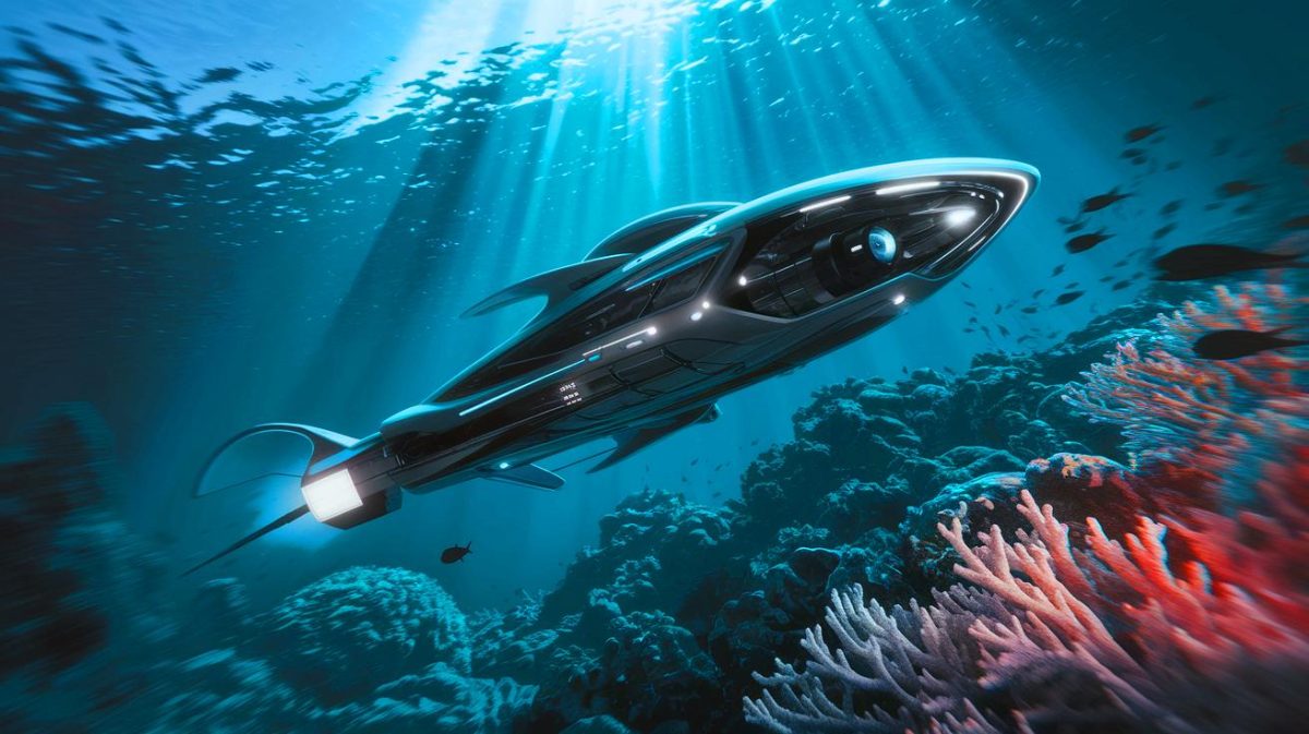 Illustration de la présentation du drone sous-marin « Blue Whale » par la Chine, capable d'opérations autonomes prolongées en eaux profondes (création par IA, illustration non réaliste). Crédit : Ideogram.