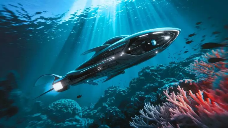 Illustration de la présentation du drone sous-marin « Blue Whale » par la Chine, capable d'opérations autonomes prolongées en eaux profondes (création par IA, illustration non réaliste). Crédit : Ideogram.