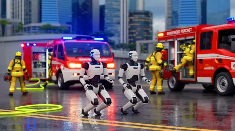 Illustration de robots humanoïdes intervenant dans des opérations de sécurité publique à Singapour. Image réalisée par IA.