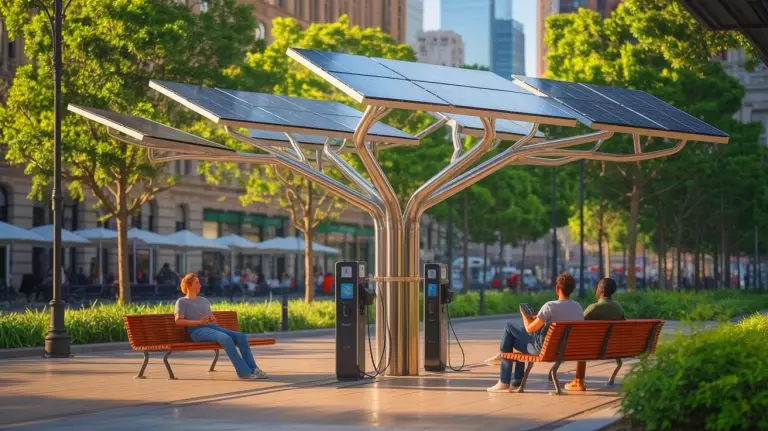 Illustration de l'arbre du partage conçu par Hervé Louifi, un mobilier urbain solaire innovant. Image réalisée par IA.