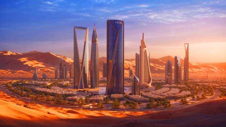 Illustration de la mégapole futuriste Neom avec ses infrastructures audacieuses (création par IA, non réaliste). Crédit : Ideogram