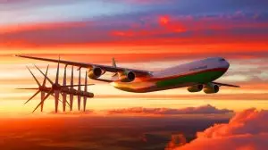 Illustration de l'avion cargo WindRunner transportant des éoliennes géantes. Image réalisée par IA.