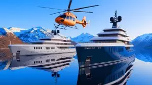 Illustration de Mark Zuckerberg mobilisant ses superyachts pour une aventure ski-hélico en Norvège (création par IA, illustration non réaliste). Crédit : Ideogram.