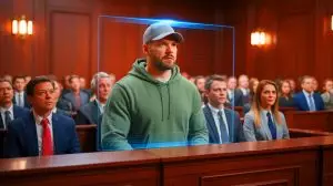 Illustration de Chris Pelkey délivrant une déclaration d'impact en tant que victime dans une salle d'audience (création par IA, non réaliste). Crédit : Ideogram