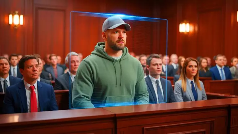 Illustration de Chris Pelkey délivrant une déclaration d'impact en tant que victime dans une salle d'audience (création par IA, non réaliste). Crédit : Ideogram