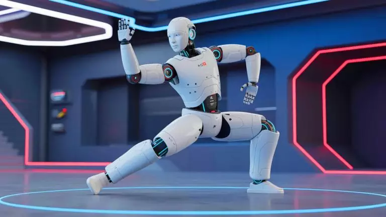 Illustration de Lingxi X2, le robot humanoïde d'AgiBot exécutant des mouvements de Kung Fu. Image réalisée par IA.