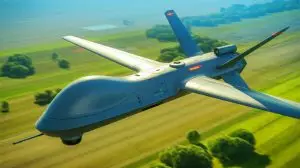 Illustration de drone Lumberjack de Northrop Grumman en action lors d'une mission militaire (création par IA, illustration non réaliste). Crédit : Ideogram.