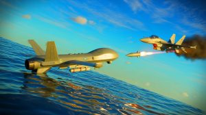 Illustration de l'abattage d'un avion de chasse russe par un drone maritime ukrainien (création par IA, non réaliste).