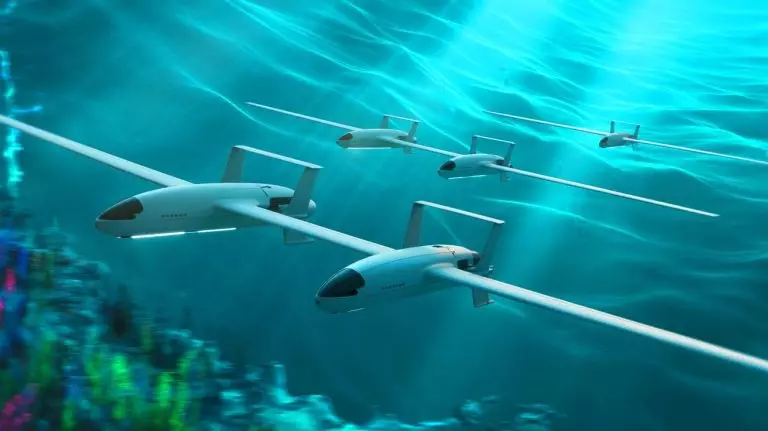 Illustration de planeurs sous-marins autonomes patrouillant dans l'océan pour la surveillance maritime. Image réalisée par IA.