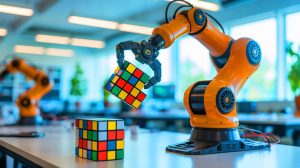 Illustration de Purdubik’s Cube, le robot ultra-rapide de Purdue University, résolvant un Rubik's Cube. Image réalisée par IA.
