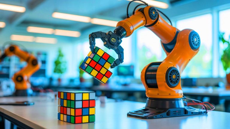 Illustration de Purdubik’s Cube, le robot ultra-rapide de Purdue University, résolvant un Rubik's Cube. Image réalisée par IA.