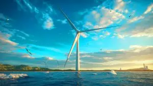 Illustration de la plus grande éolienne au monde inaugurée en Chine, symbolisant une avancée majeure dans les énergies renouvelables. Image réalisée par IA.