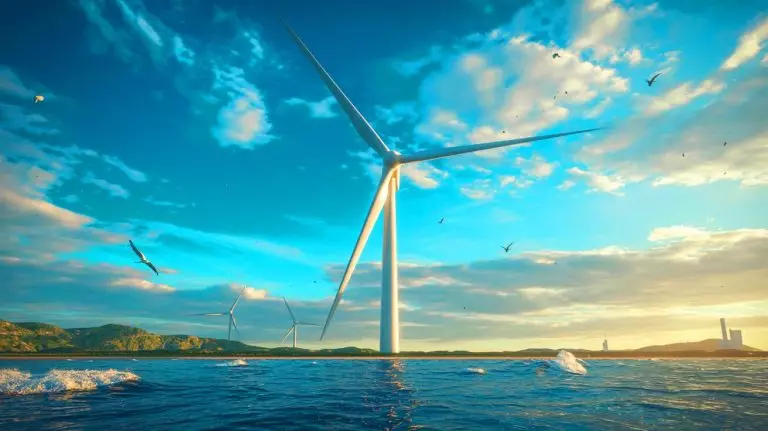 Illustration de la plus grande éolienne au monde inaugurée en Chine, symbolisant une avancée majeure dans les énergies renouvelables. Image réalisée par IA.