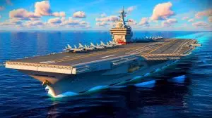 Illustration de l'USS Gerald R. Ford, le plus grand porte-avions du monde. Image réalisée par IA.
