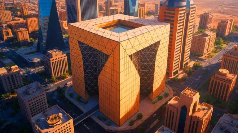 Illustration de l'ambitieux projet du Mukaab à Riyad, futur plus grand bâtiment du monde. Image réalisée par IA.