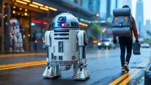 Illustration de G1T4-M1N1, le robot cargo de Piaggio inspiré de Star Wars (création par IA, non réaliste). Crédit : Ideogram