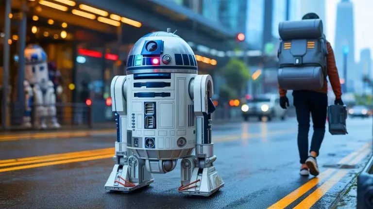 « Un droïde tout droit sorti de Star Wars » : le robot cargo Gitamini de Piaggio s’offre un relooking galactique Illustration de G1T4-M1N1, le robot cargo de Piaggio inspiré de Star Wars (création par IA, non réaliste). Crédit : Ideogram