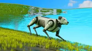 Illustration de l'amphibious robotic dog inspiré par le mouvement naturel des chiens (création par IA, non réaliste). Crédit : Ideogram