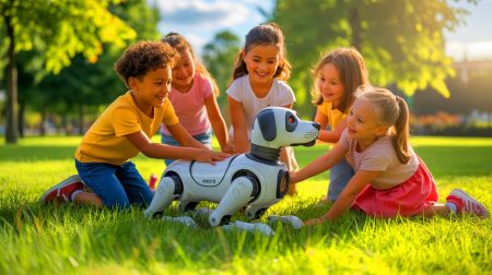 Illustration de l'initiative hongroise utilisant un robot-chien pour éduquer les enfants au bien-être animal. Image réalisée par IA.