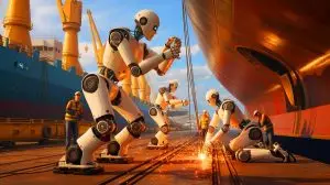 Illustration de robots humanoïdes travaillant dans un chantier naval. Image réalisée par IA.