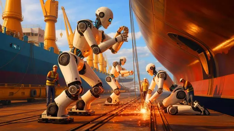 Illustration de robots humanoïdes travaillant dans un chantier naval. Image réalisée par IA.