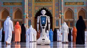 Illustration du robot Manara à la Grande Mosquée de La Mecque offrant une assistance religieuse multilingue. Image réalisée par IA.