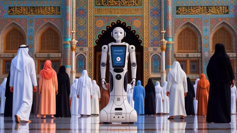 Illustration du robot Manara à la Grande Mosquée de La Mecque offrant une assistance religieuse multilingue. Image réalisée par IA.