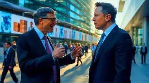 Illustration de la confrontation entre Bill Gates et Elon Musk sur l'impact des coupes budgétaires en aide internationale (création par IA, non réaliste). Crédit : Ideogram