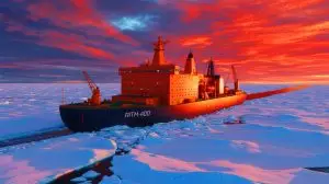 Illustration de la mise en service du brise-glace nucléaire ‘Rossiya’ équipé de réacteurs RITM-400. Image réalisée par IA.